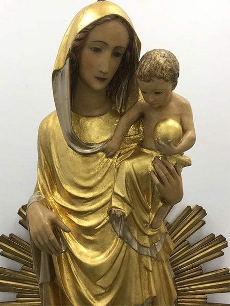 Our Lady of Peace statue after restoration treatment and now freshly gilded in the Plowden & Smith gilding studio