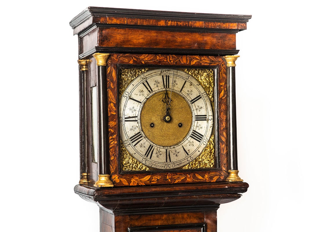 a longcase clock after furniture restoration treatment in the Plowden & Smith furniture restoration studio