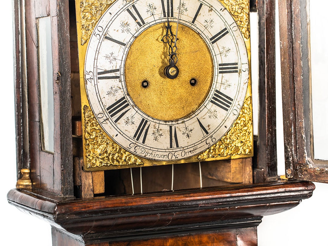 a longcase clock after furniture restoration treatment in the Plowden & Smith furniture restoration studio