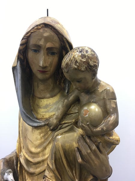 Our Lady of Peace statue prior to restoration and gilding treatment at Plowden & Smith