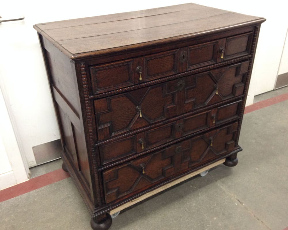 oak jacobean chest of drawers after furniture restoration treatment