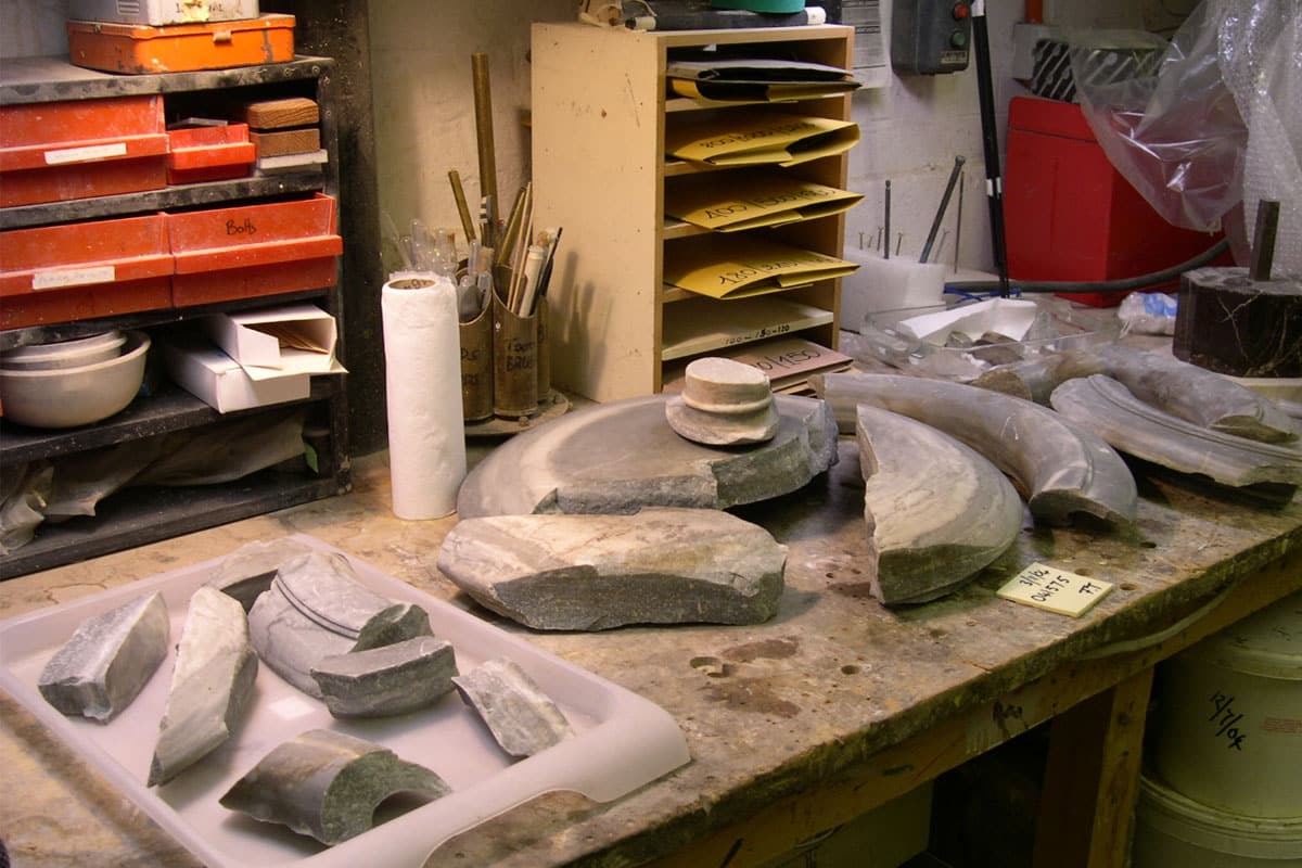 smashed marble urn before stone restoration treatment at Plowden & Smith